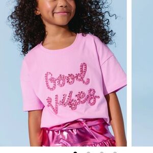 Lola + The Boys Light Pink Bedazzled Jeweled Good Vibes Tee - small flaw